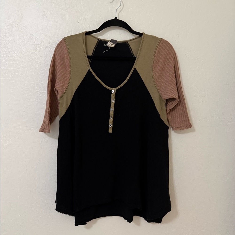 We The Free Colorblock Henley Top - Black, Olive & Dusty Rose